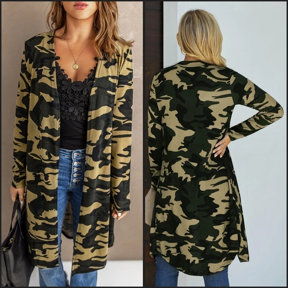 Green Camouflage Open Front Longline Cardigan - Picture 2 of 5